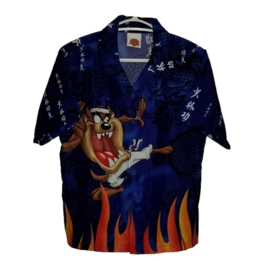 Looney Tunes Taz Fire Forest Kung Fu Hawaiian Short Sleeve Shirt Size M